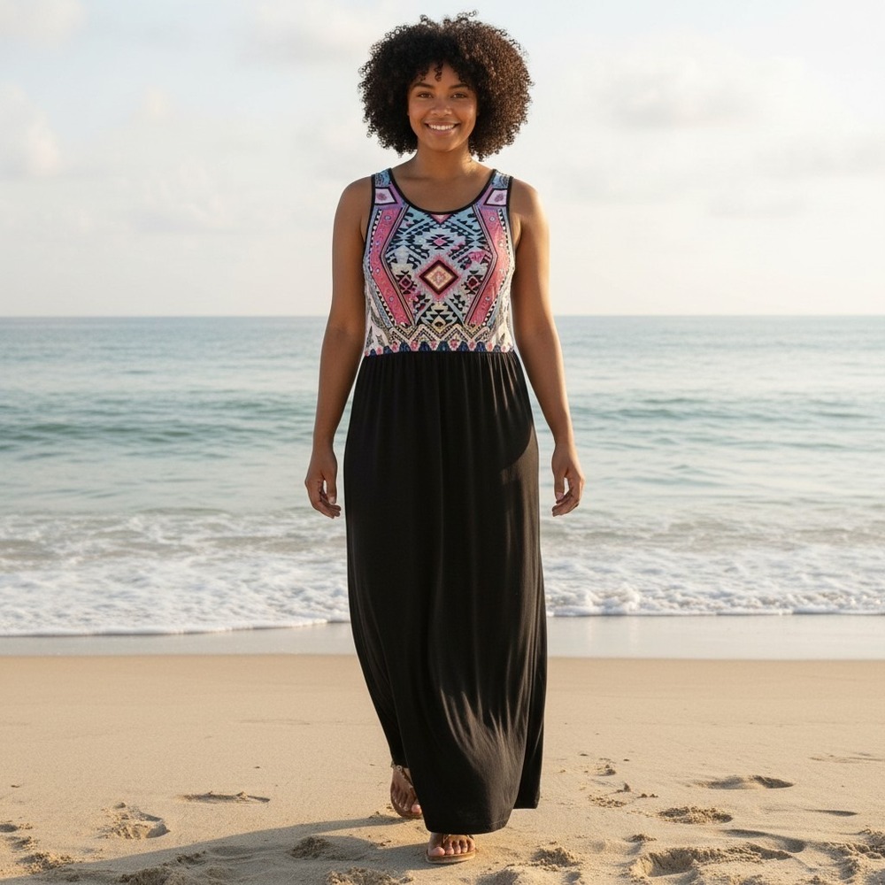 Sherosa Women's Tribal Chevron Print Boho Beach Vacation Maxi Dress Size 2XL EUC